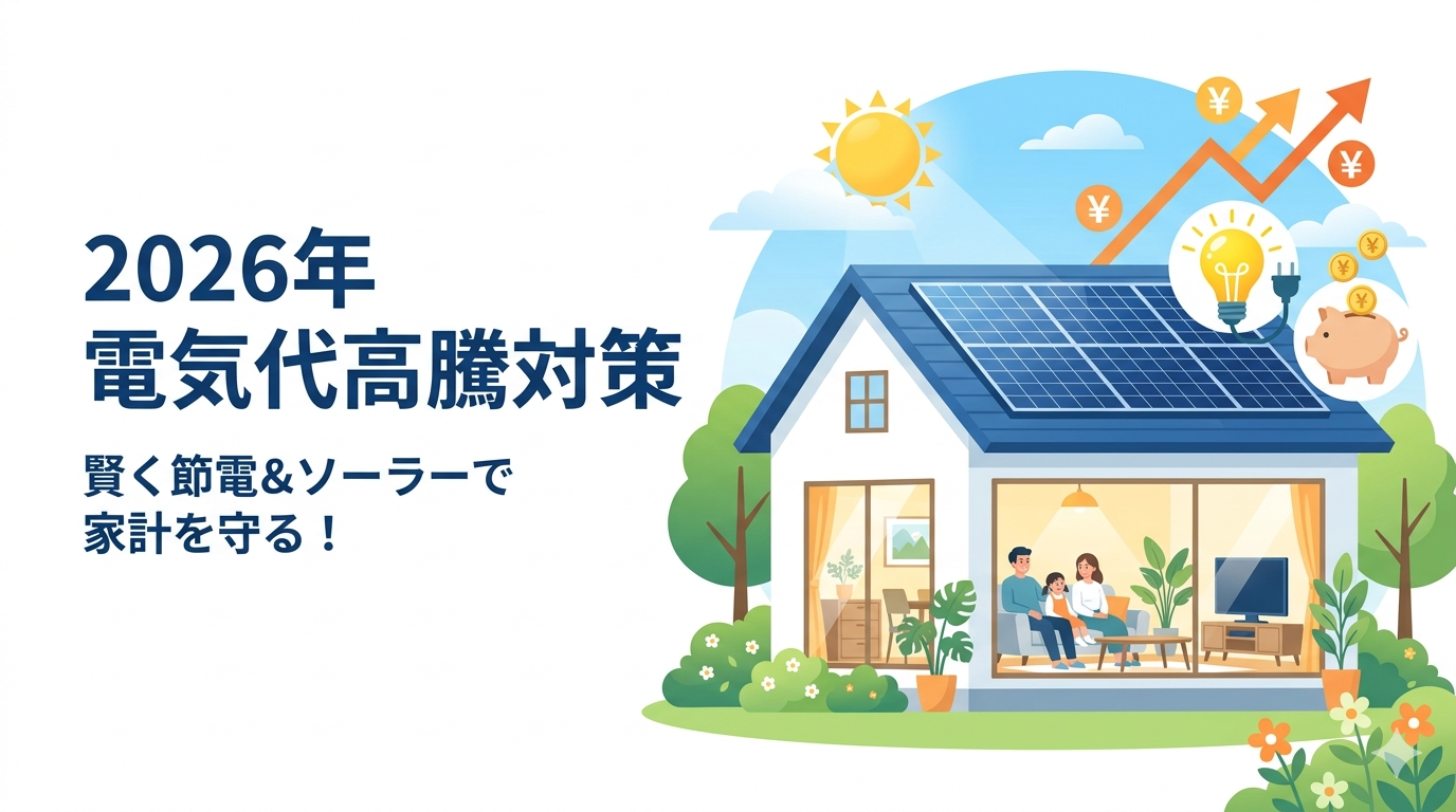 太陽光発電を設置した住宅と上昇する電気代グラフを描いた、2026年の電気代高騰対策をテーマにしたアイキャッチ画像