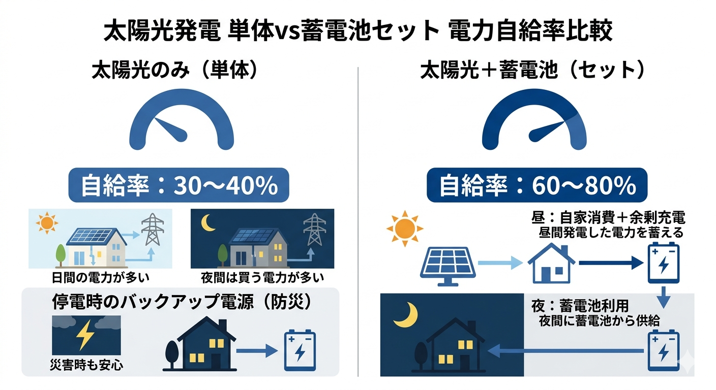 太陽光発電単体の自給率30〜40%に対し、蓄電池を組み合わせると60〜80%に高まることと防災メリットを示す比較図
