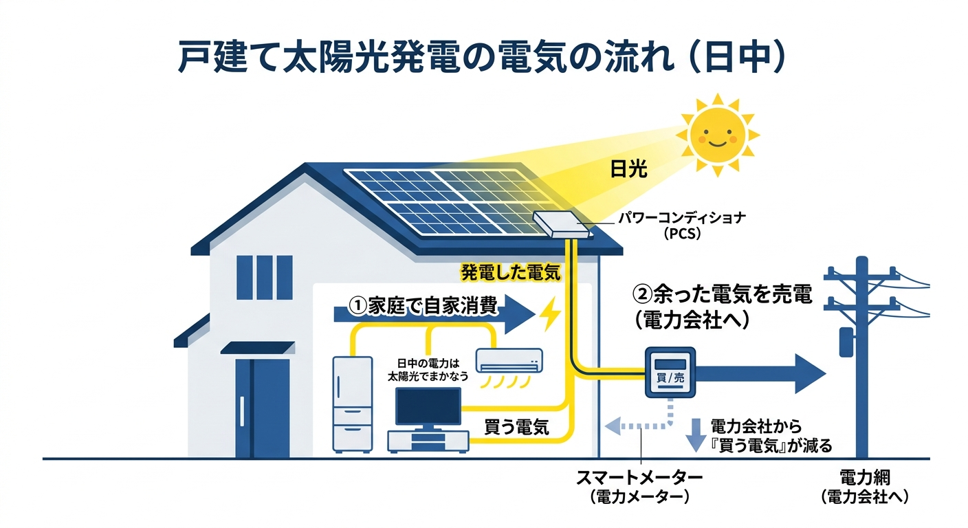 戸建て住宅の屋根のソーラーパネルで発電した電気を自家消費と売電に振り分ける太陽光発電の仕組みを示す図