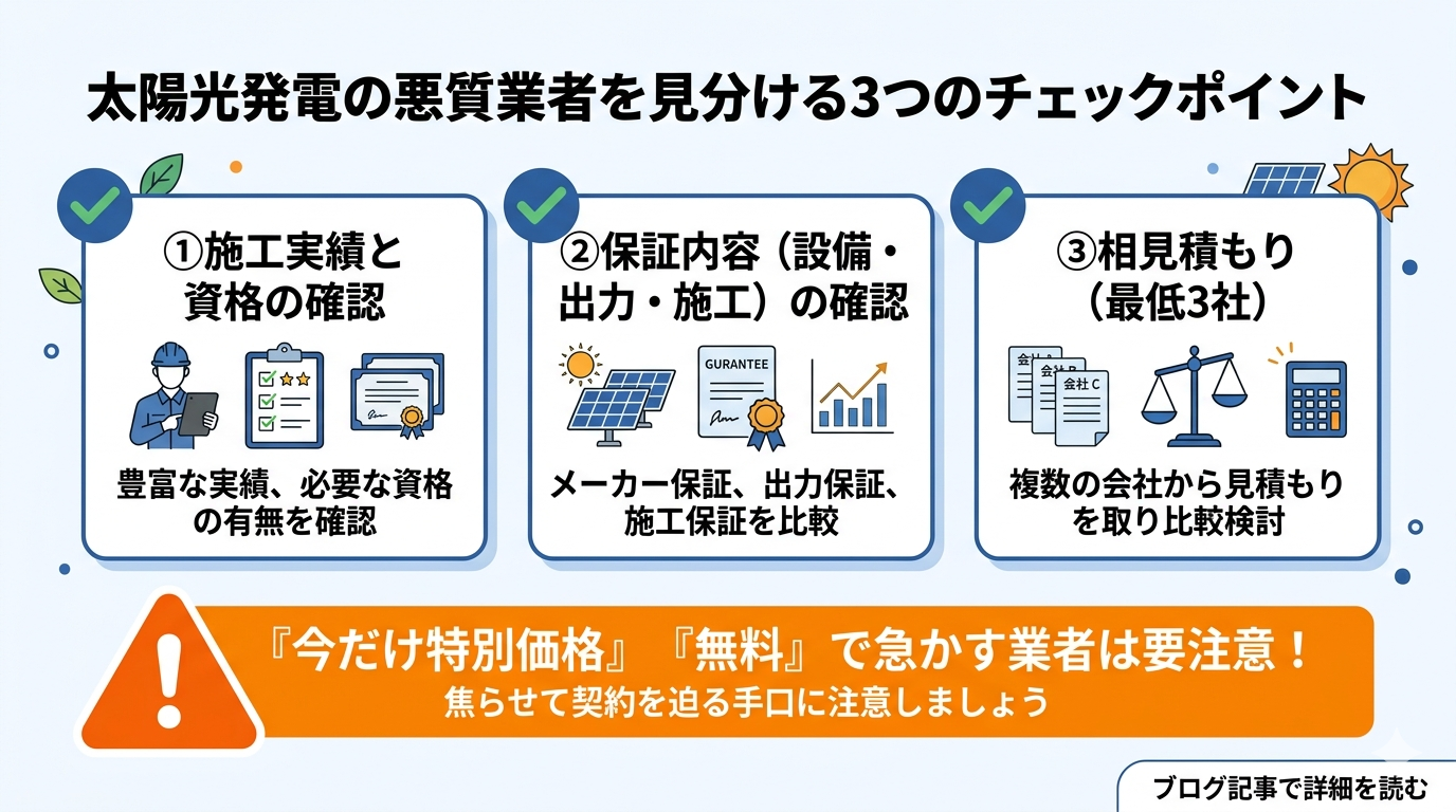 太陽光発電の業者選びで確認すべき施工実績・保証内容・相見積もりの3つのチェックポイントと注意点を示す図