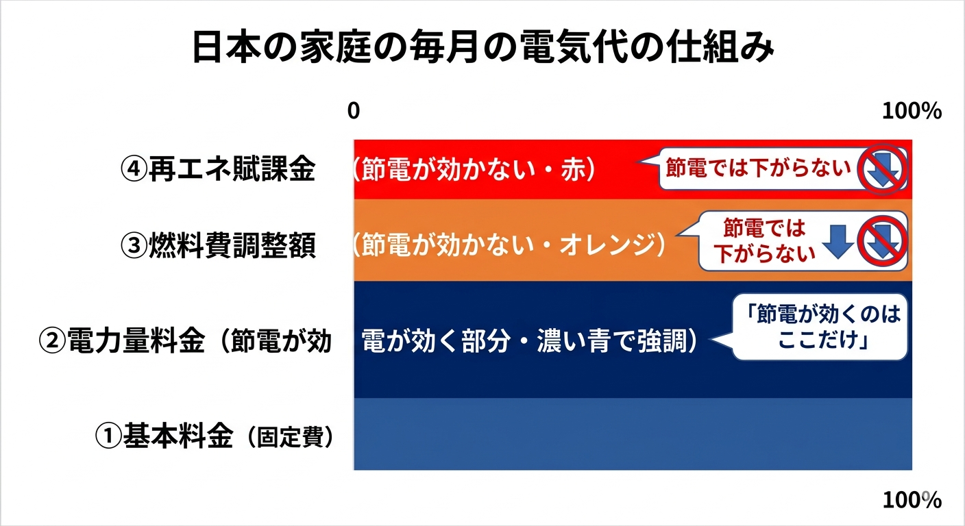 電気代の内訳を示す積み上げグラフ。基本料金・電力量料金・燃料費調整額・再エネ賦課金の4項目のうち、燃料費調整額と再エネ賦課金は節電で下がらないことを解説