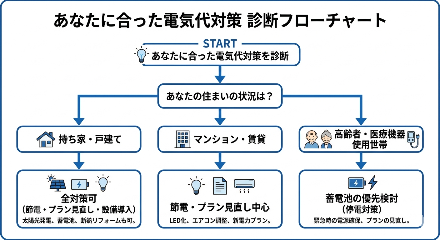 住まいの状況別に最適な電気代対策を振り分けるフローチャート。持ち家・賃貸・高齢者世帯ごとの推奨対策を図解