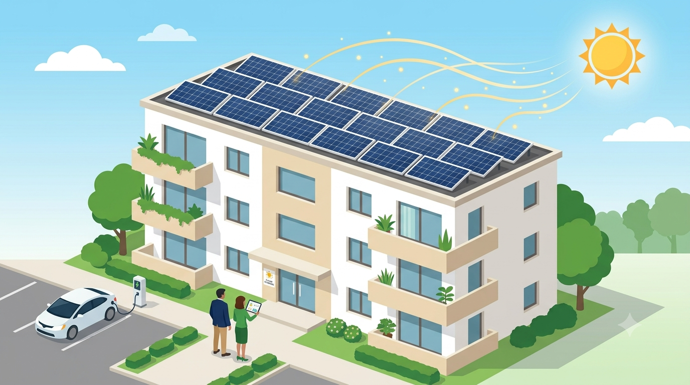 アパートの屋根に太陽光発電を設置したイメージ図(アパート経営 太陽光発電 導入イメージ)