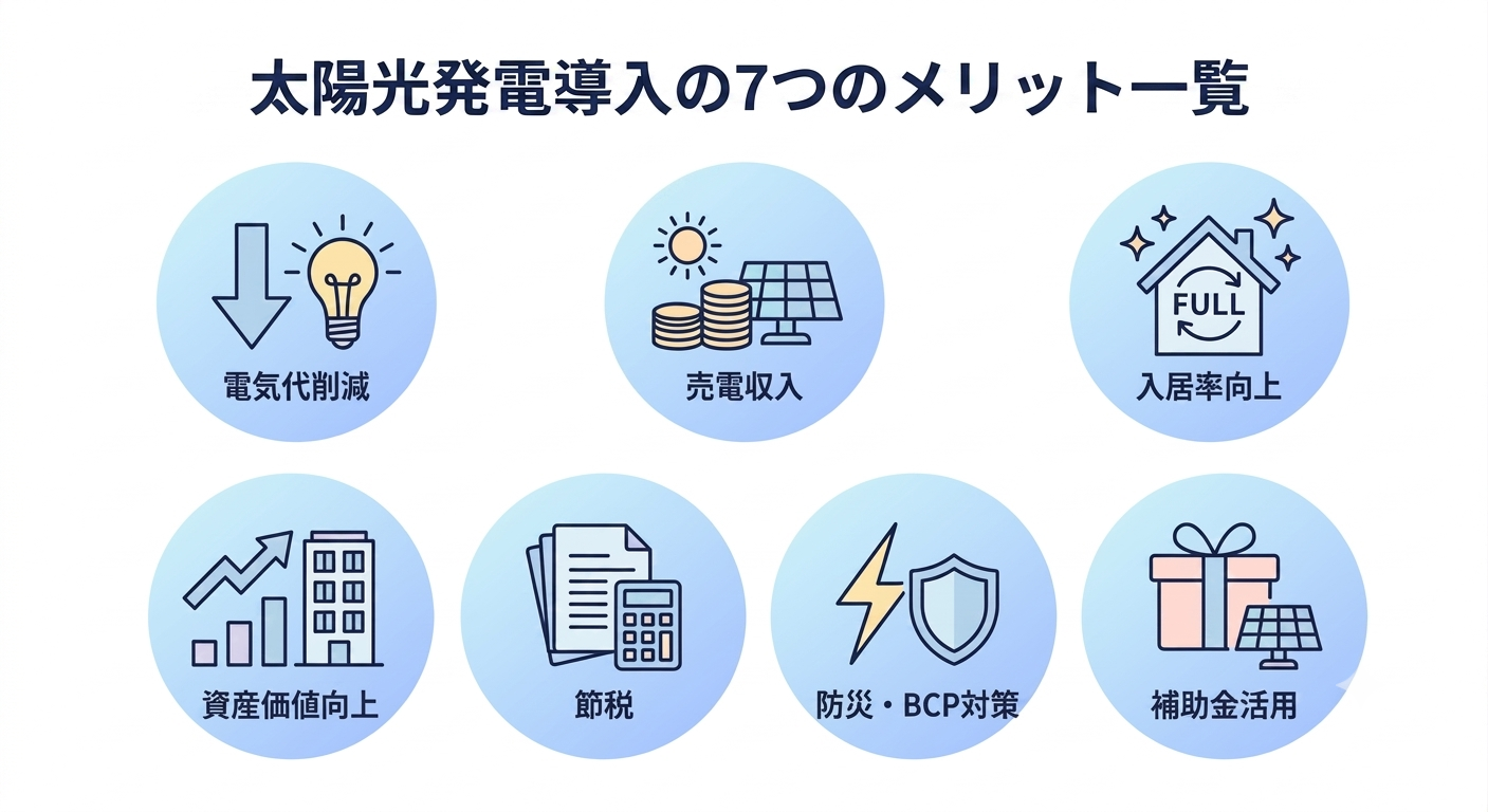 アパートオーナーが太陽光発電を導入する7つのメリットを表すアイコン一覧