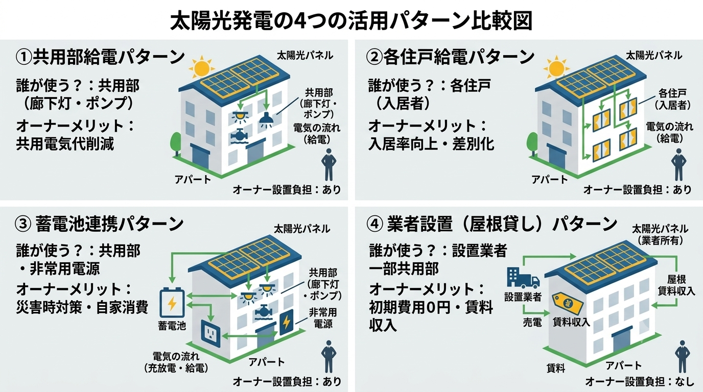 アパート太陽光発電の4つの活用パターン(共用部接続・各戸接続・創蓄連携・0円太陽光発電)の比較図解