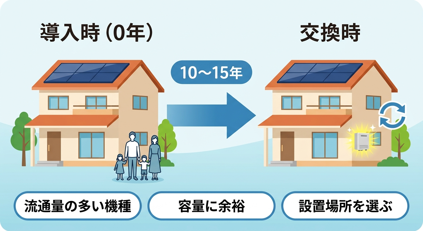 太陽光発電の導入時の機種選定が10年後のパワコン交換費用につながることを示すライフサイクル図