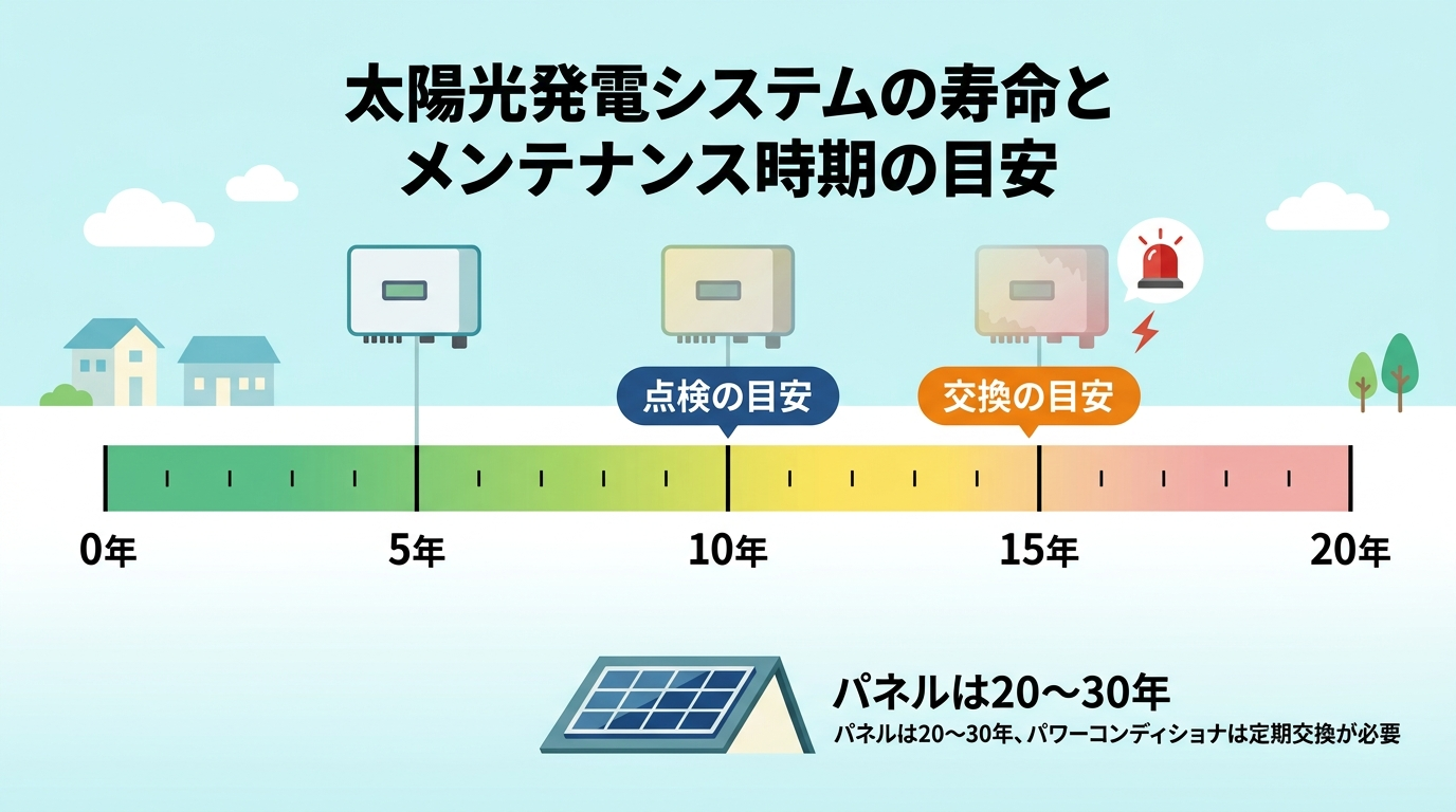 パワーコンディショナの寿命10〜15年と点検・交換のタイミングを示すタイムライン図