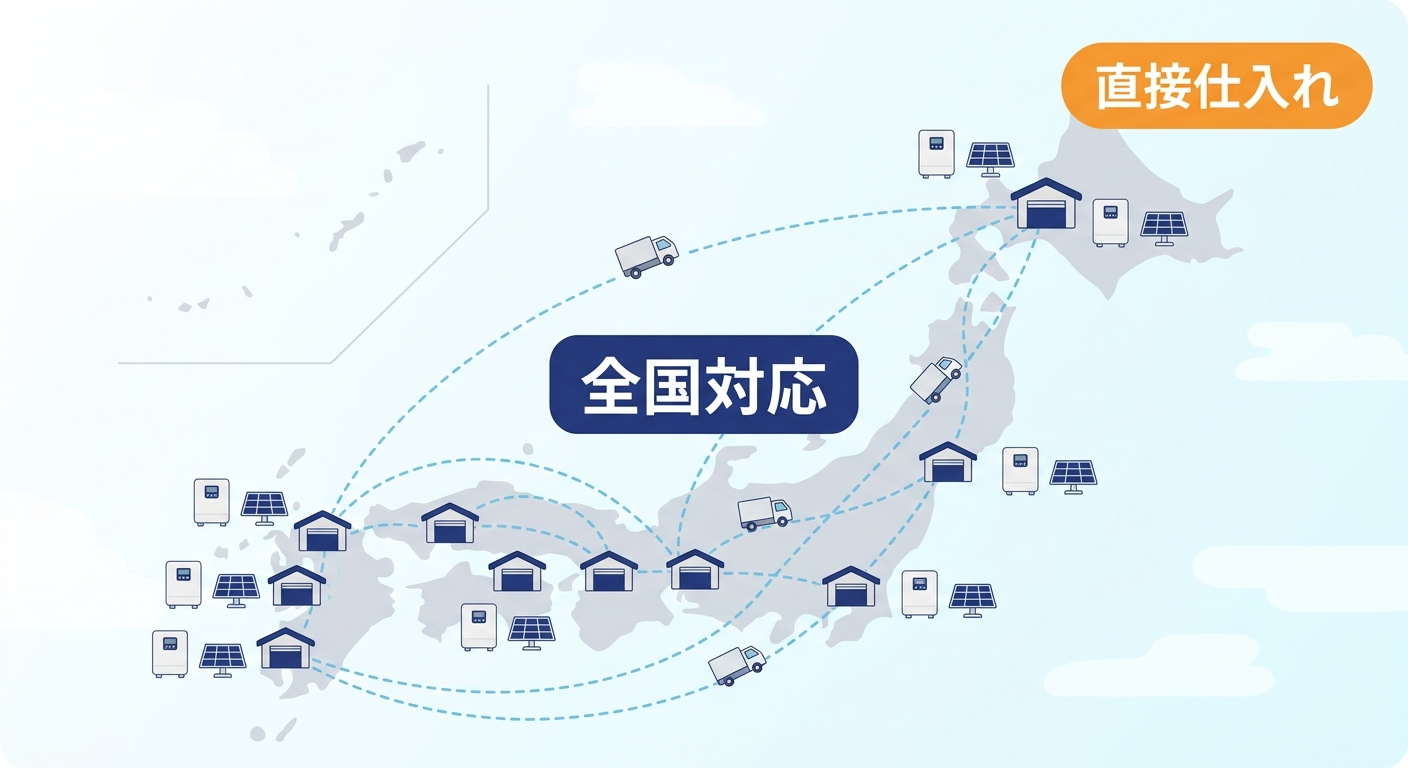 全国の施工店・販売店とつながる卸売専門商社の物流ネットワークを示すイラスト