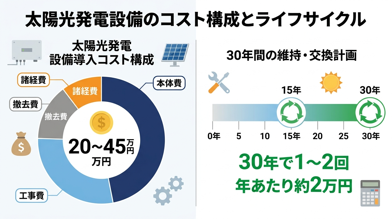 パワコン交換費用の内訳（本体費・工事費・撤去費・諸経費）と30年間の総保有コストを示す図