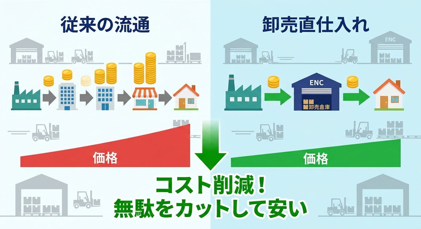 卸売専門商社の直接仕入れと従来の多段階流通における中間マージンの違いを比較した図