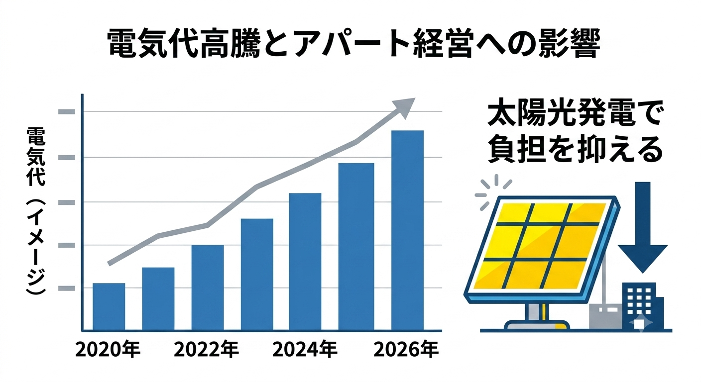 アパート共用部の電気代高騰と太陽光発電による削減効果を示すグラフ