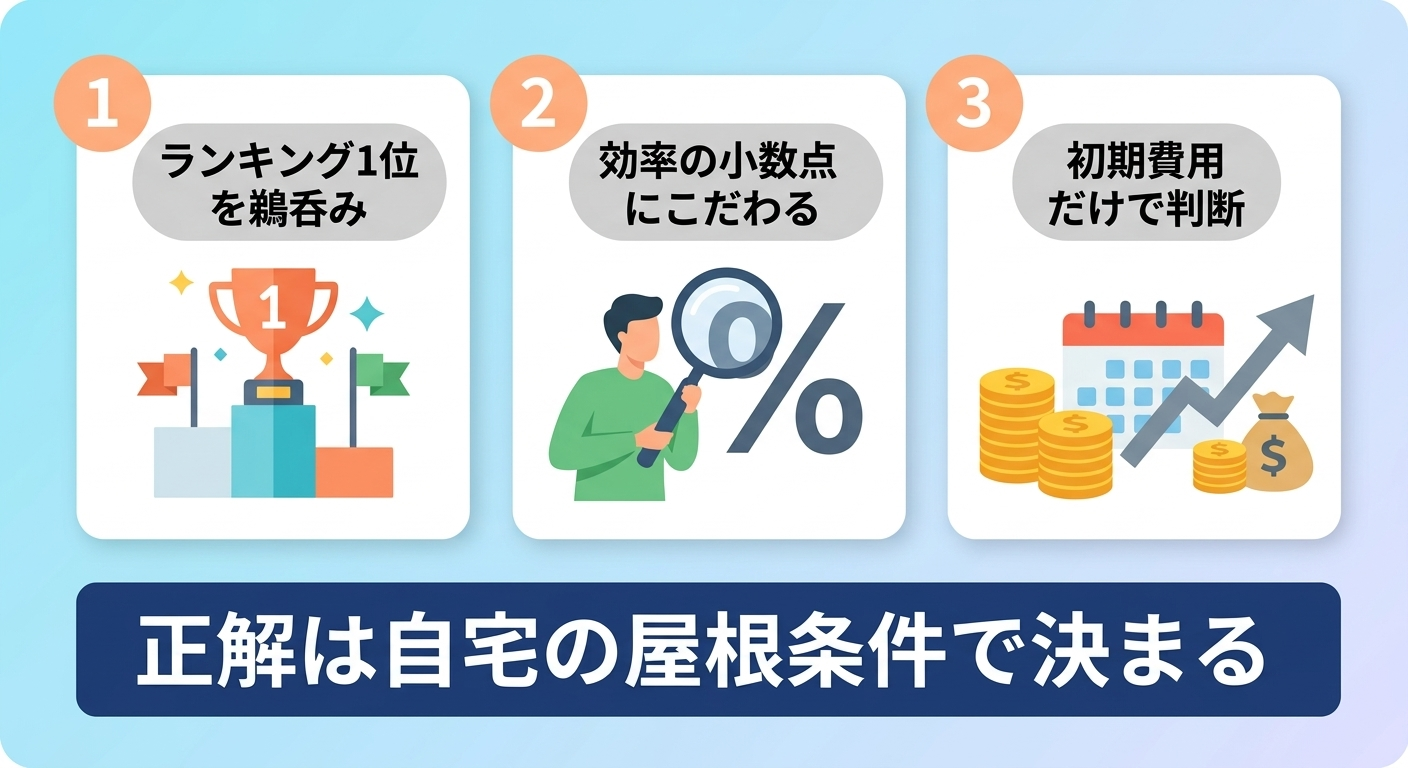 太陽光パネルのメーカー比較でやりがちな3つの失敗パターンを示したイラスト