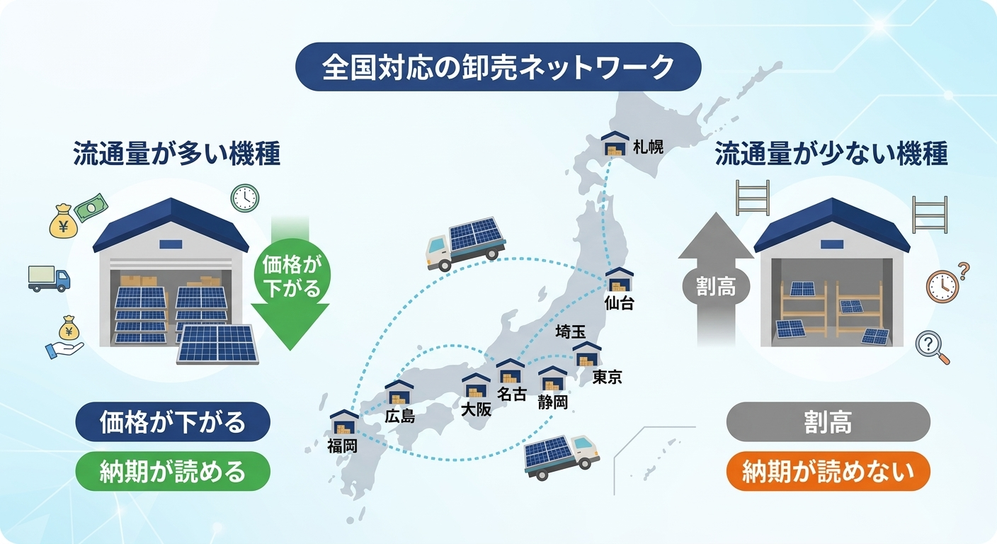 太陽光パネルの流通量が価格と納期に与える影響を全国の物流ネットワークとともに示した図