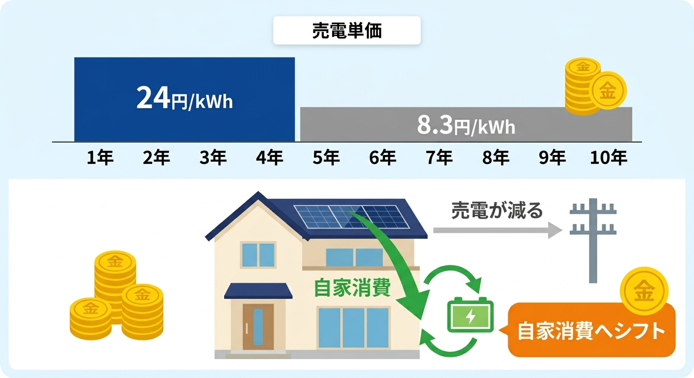 2026年度のFIT買取価格の段差と、売電から自家消費へシフトする構造を示した図
