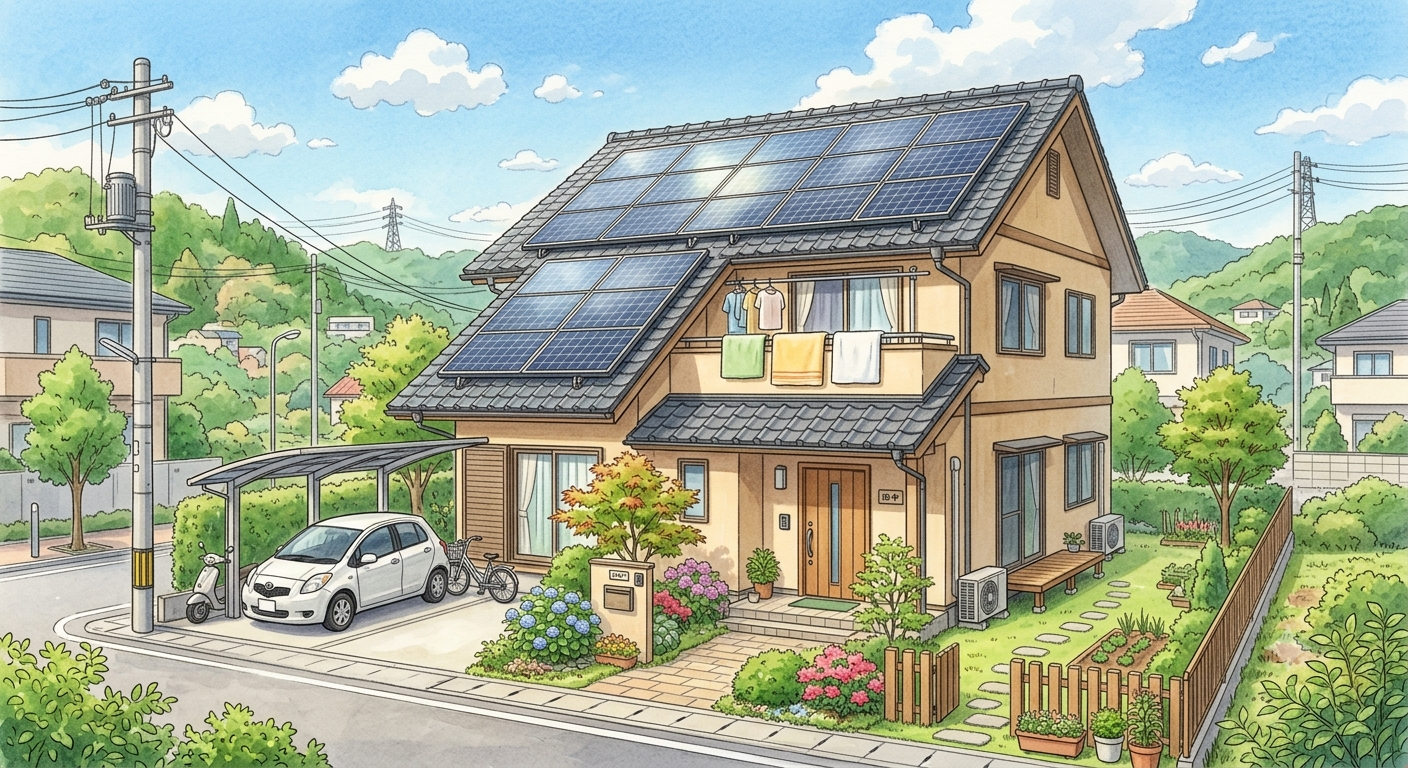 既築住宅の屋根に設置された家庭用太陽光発電システムのイメージ