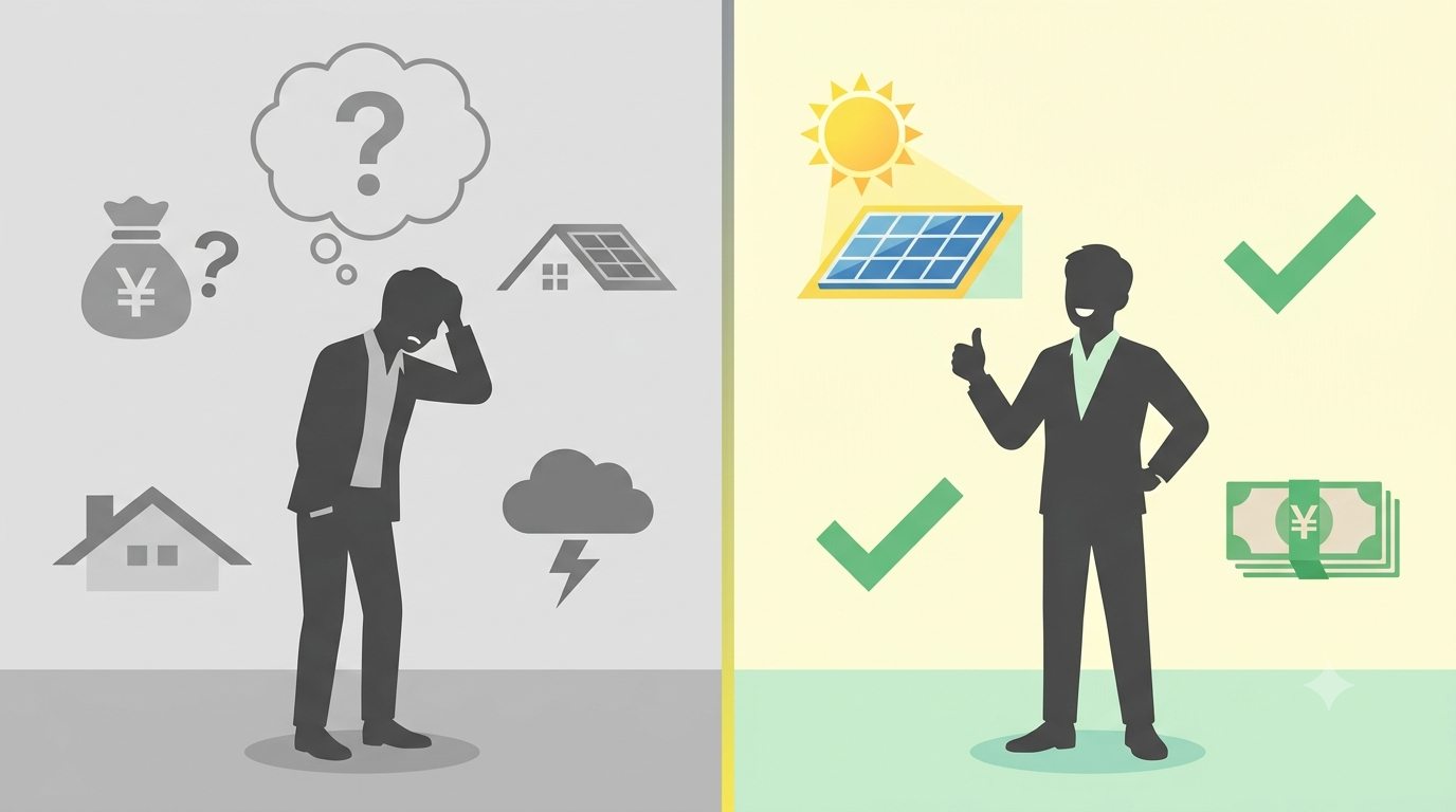 アパート太陽光発電導入の不安点と解消策を表すBefore Afterイラスト