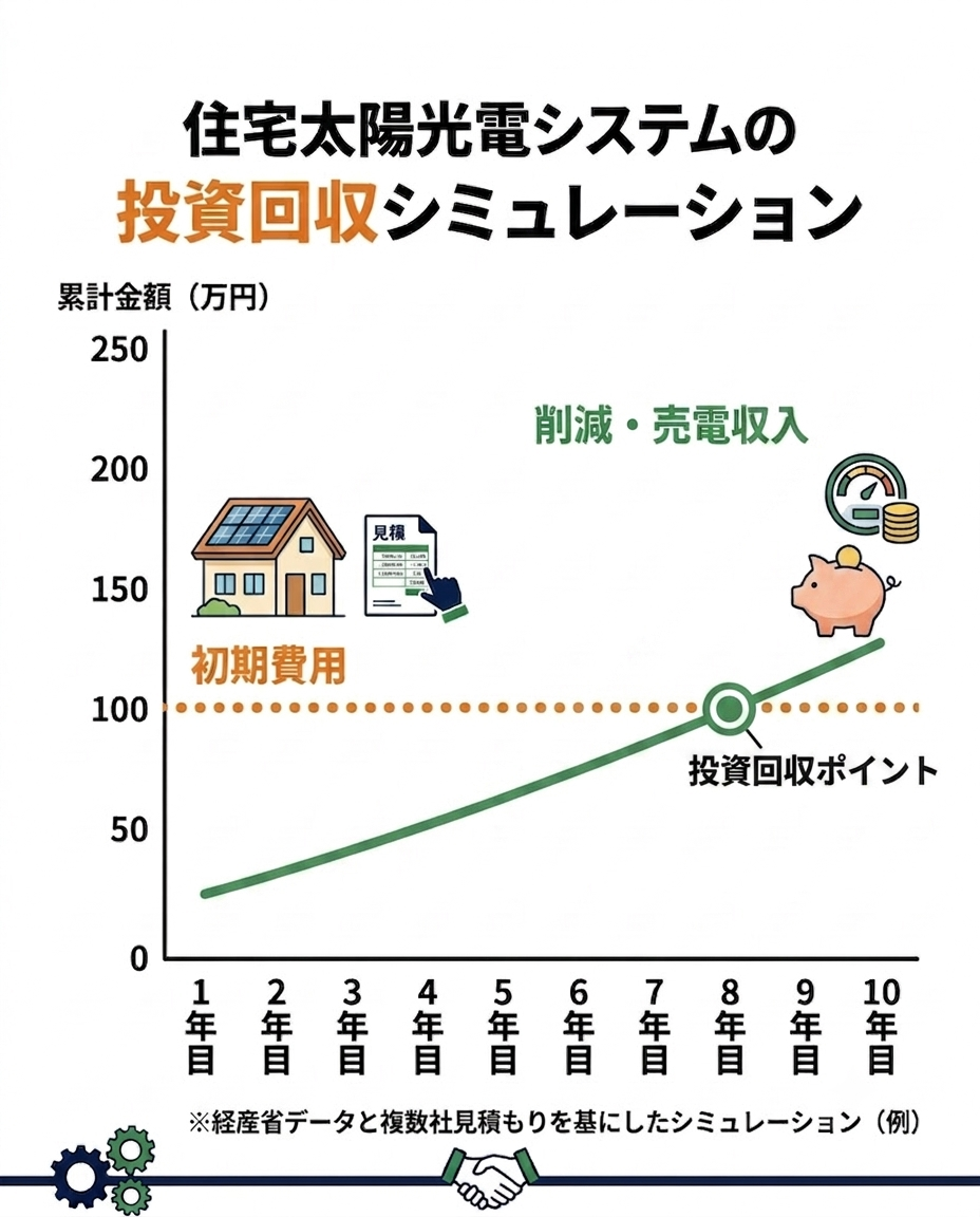 太陽光発電の初期費用と投資回収シミュレーションを示すグラフ