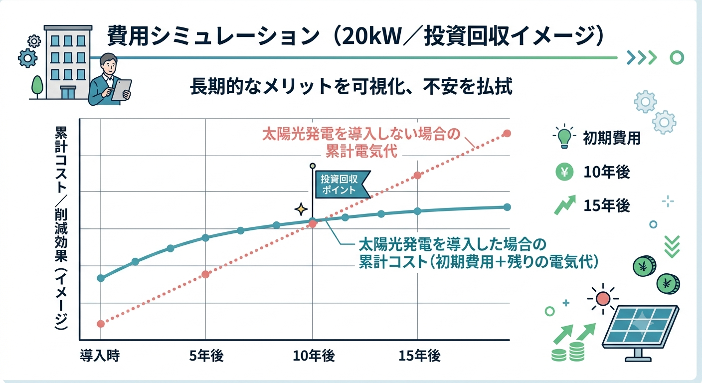 アパート太陽光発電20kW導入時の初期費用と投資回収シミュレーションを示すグラフ