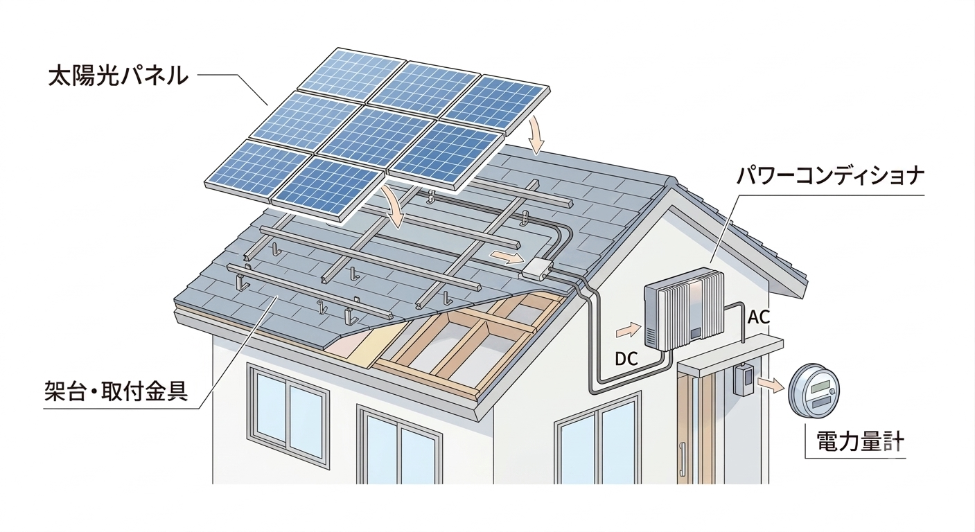 太陽光発電システムの構成部品(パネル・パワコン・架台・配線)を示した図解