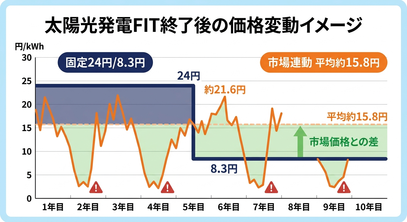 FITの固定単価24円・8.3円とJEPX市場価格の推移を比較したグラフ