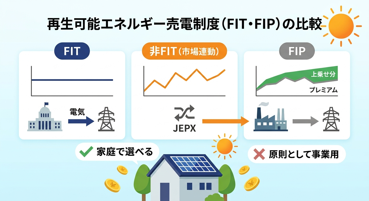 FIT・非FIT・FIPの違いと、住宅用で選べるのはFITと非FITの2つであることを示す図解