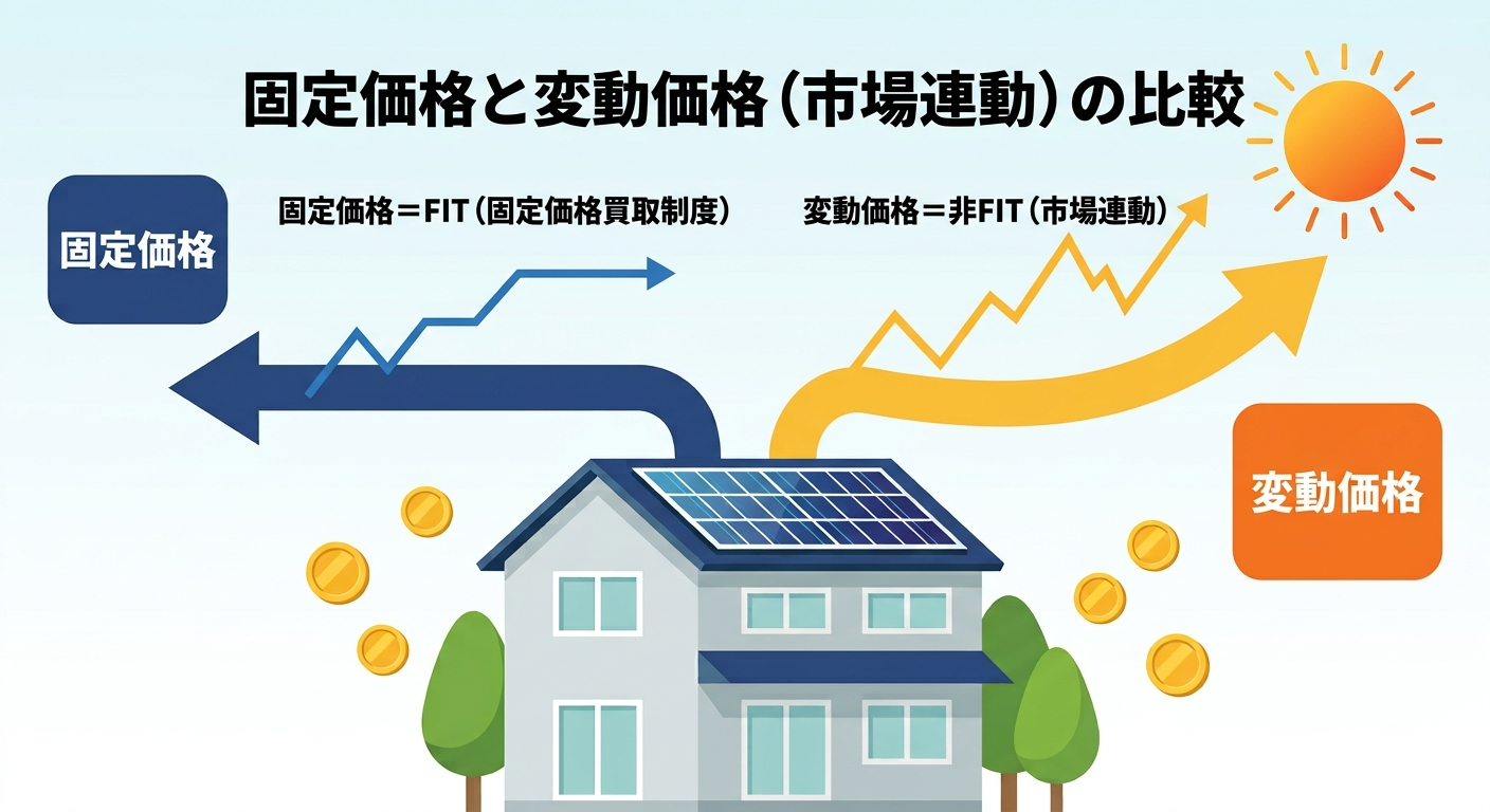 FITと非FITはどちらがお得か、固定と変動の売電方式を比較するイメージ図