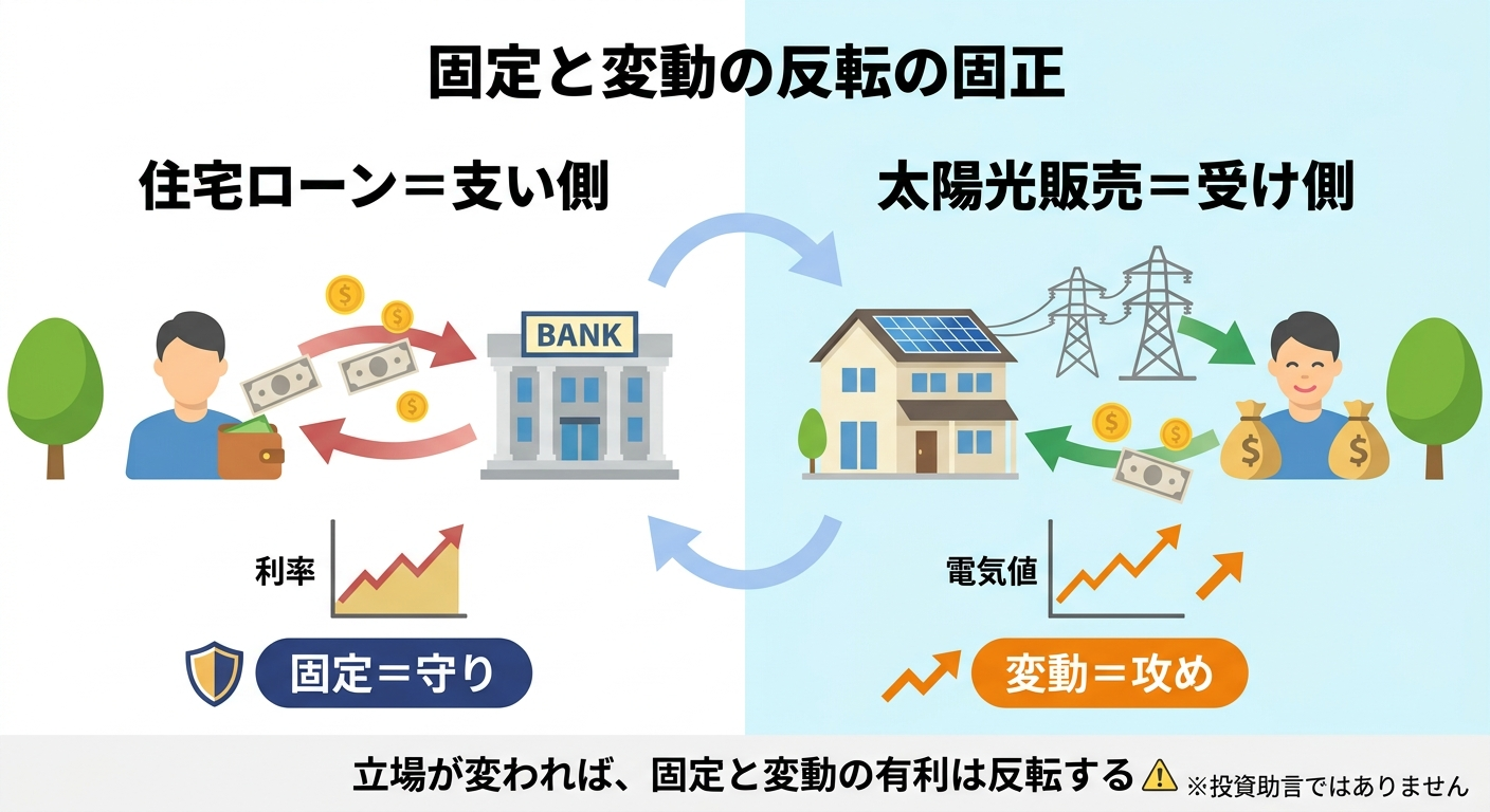 住宅ローンの固定・変動と太陽光売電の固定・変動で有利不利が反転することを示す対比図