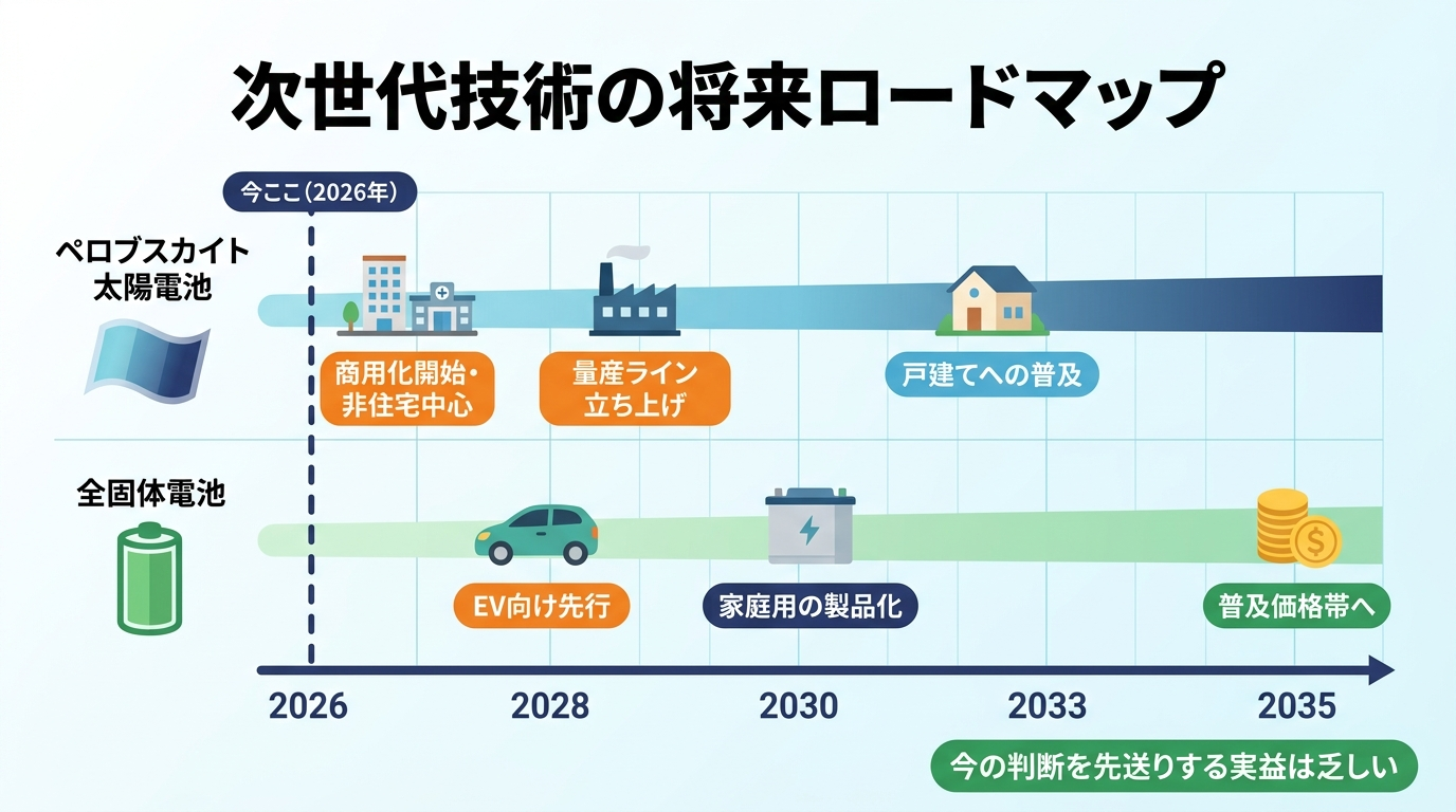 ペロブスカイト太陽電池と全固体電池が住宅用として普及するまでの2026年から2035年のタイムライン図