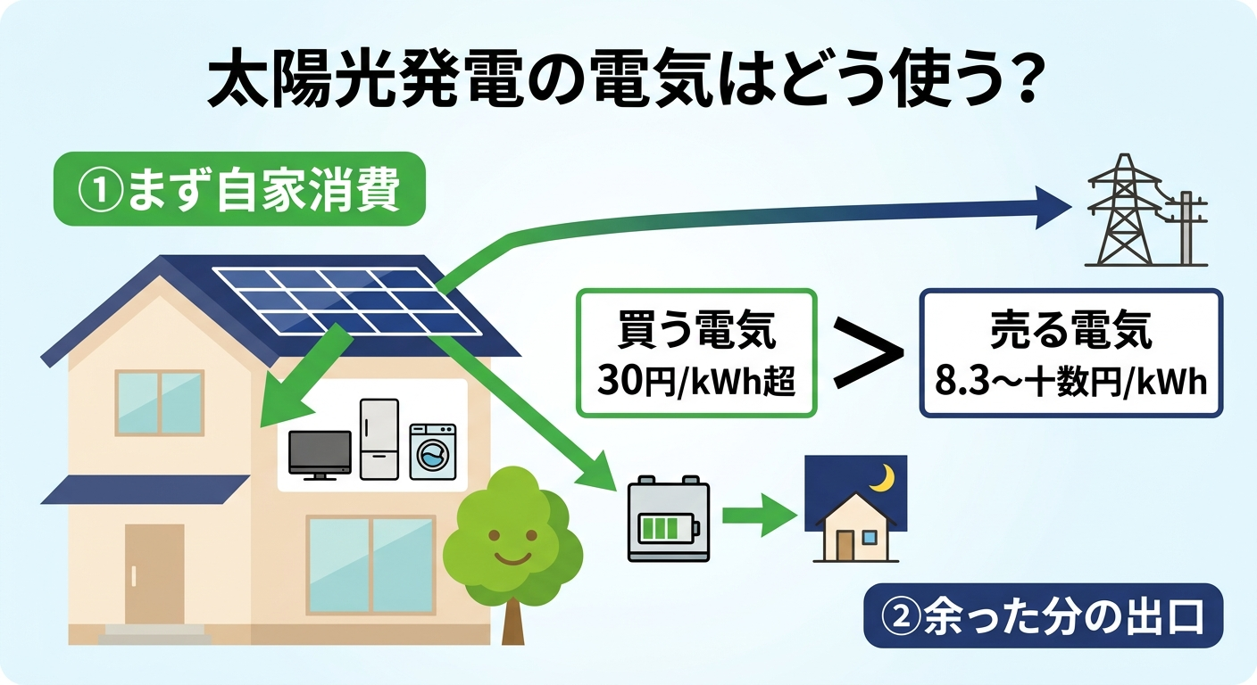 買う電気30円超と売る電気の単価差から、自家消費が最優先であることを示す図解