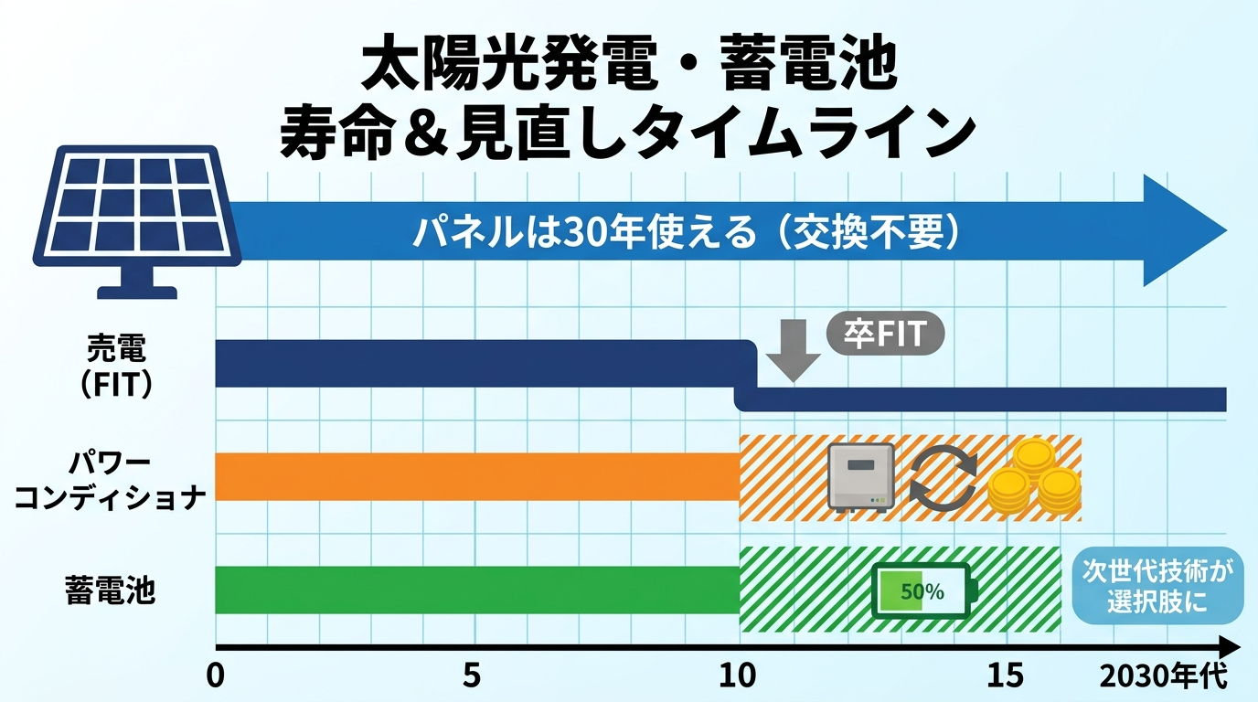 太陽光発電の導入から10年後に起きる卒FIT・パワコン交換・蓄電池更新の3つの出来事を示したタイムライン図
