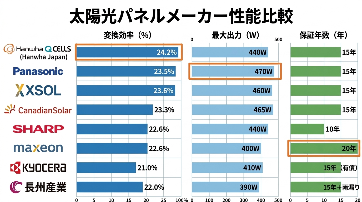 太陽光パネル主要8メーカーの変換効率・最大出力・保証年数を並べた比較チャート