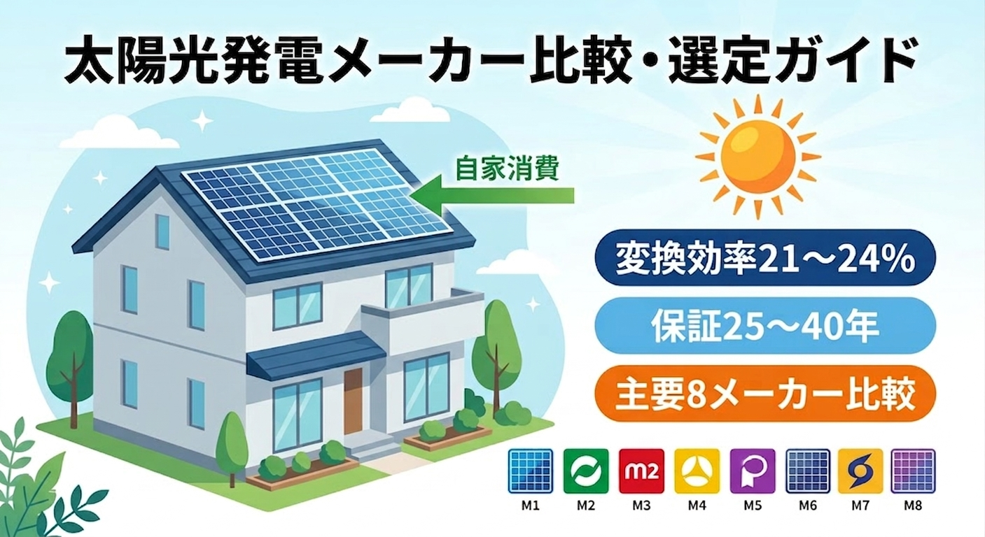 太陽光パネル主要8メーカーの変換効率・保証・価格を比較する記事のアイキャッチ画像