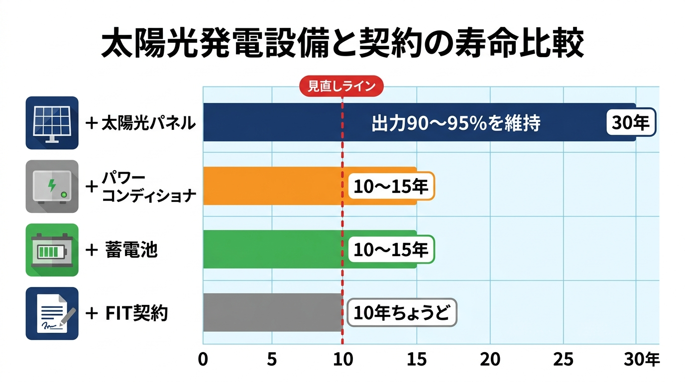 太陽光パネル30年・パワコン10〜15年・蓄電池10〜15年・FIT契約10年という寿命の違いを比較した図