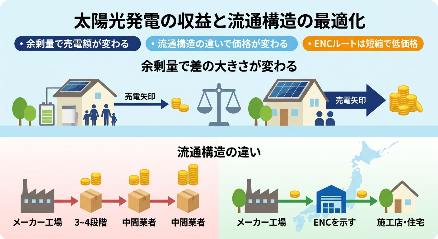 余剰電力量による損得の差と、卸売商社の流通構造によるコストメリットを示す図解