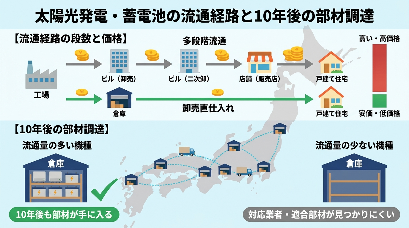 太陽光発電の流通経路の段数による価格差と、流通量の多い機種が10年後の部材調達で有利になることを示した
