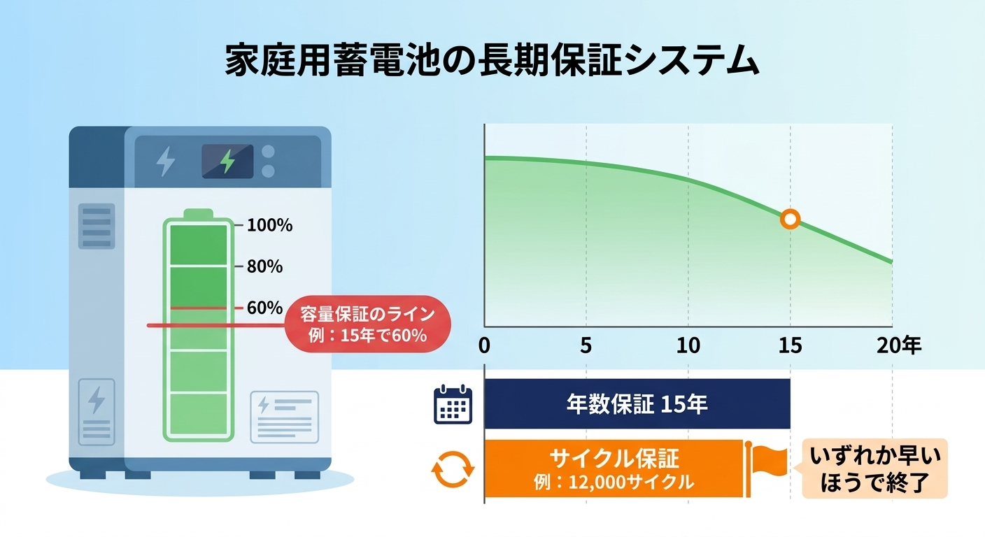 蓄電池の容量保証のラインと、年数保証・サイクル保証のいずれか早いほうで終了する関係を示した図