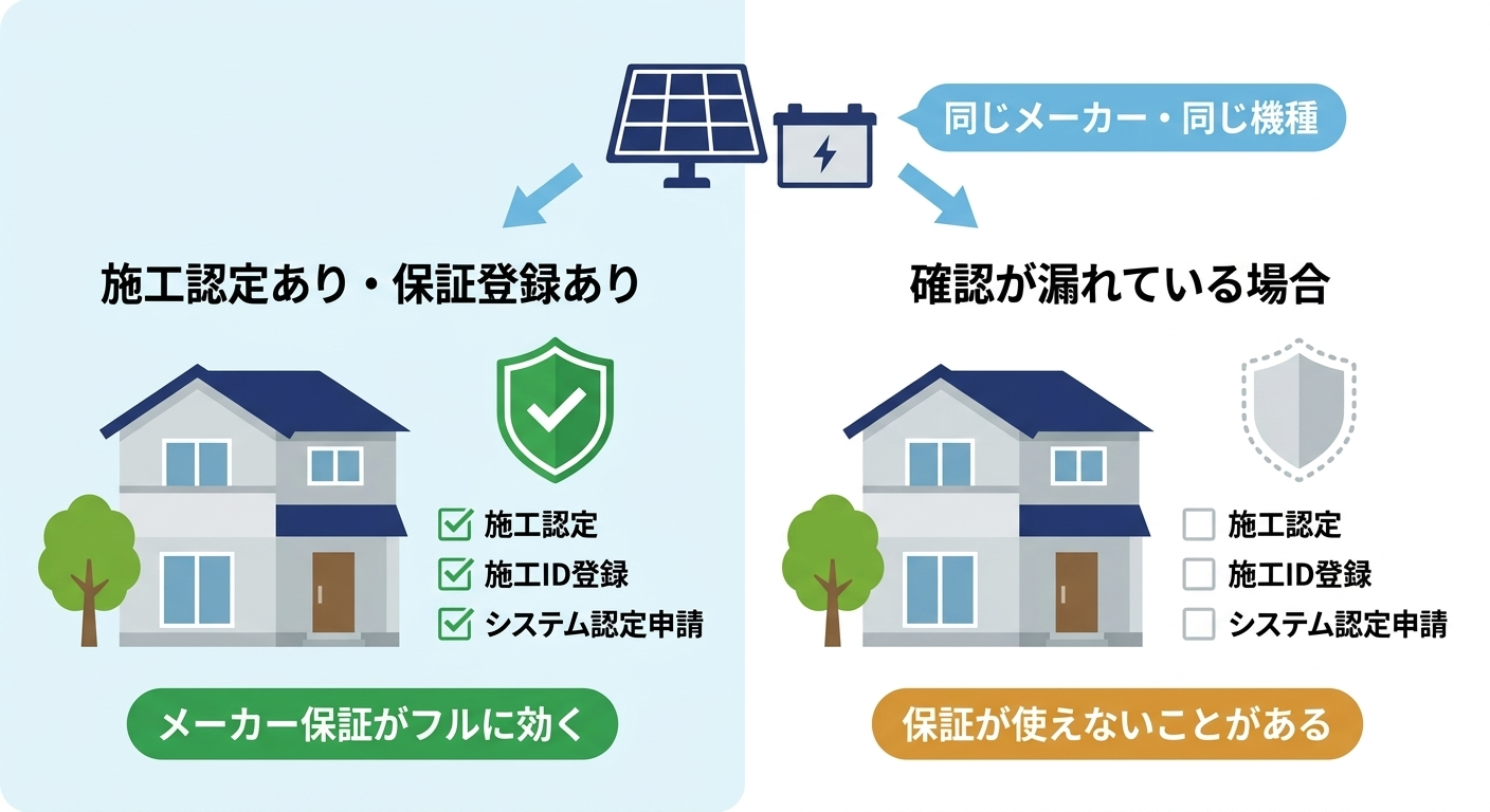 同じメーカー・同じ機種でも施工認定や保証登録の有無によって実際に使える保証が変わることを示した比較図