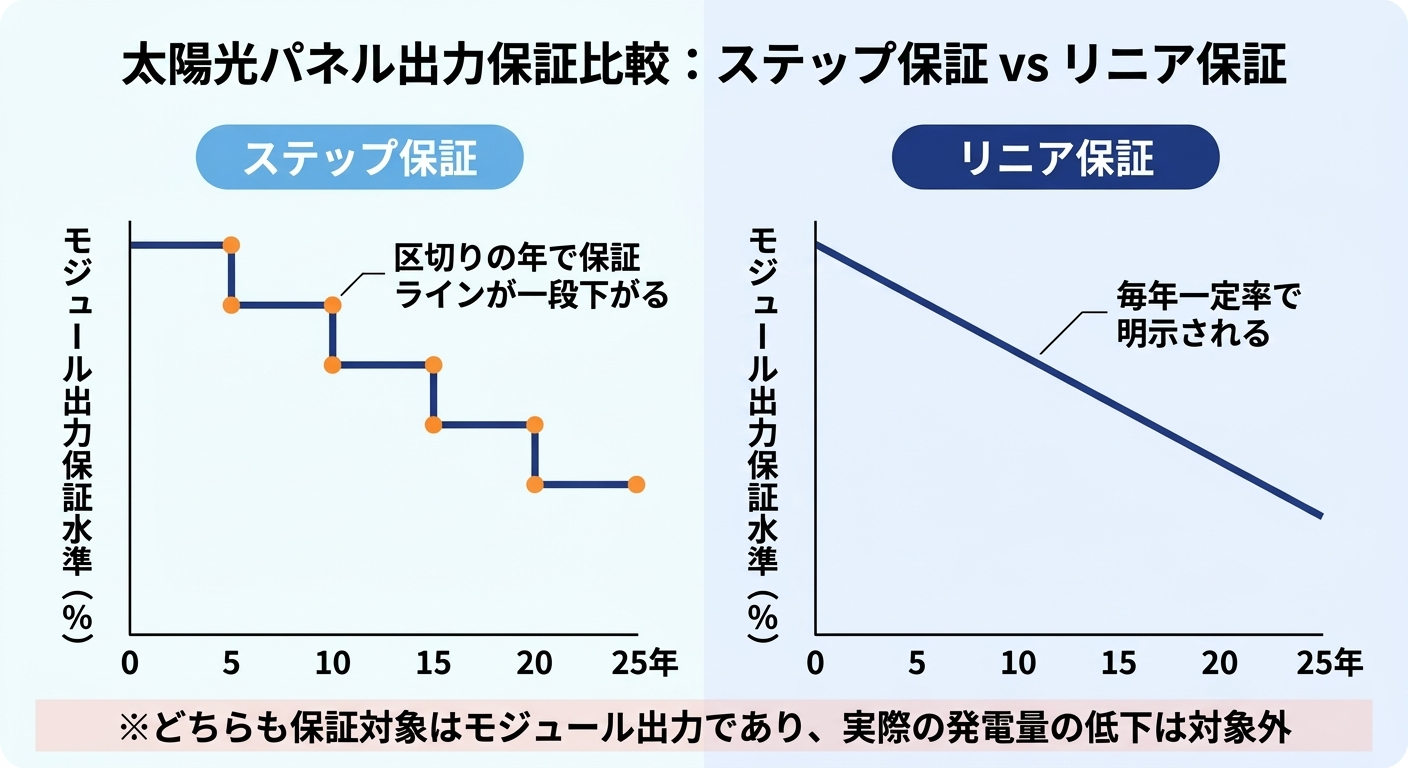 太陽光パネルの出力保証におけるステップ保証とリニア保証の減衰の違いを比較したグラフ図