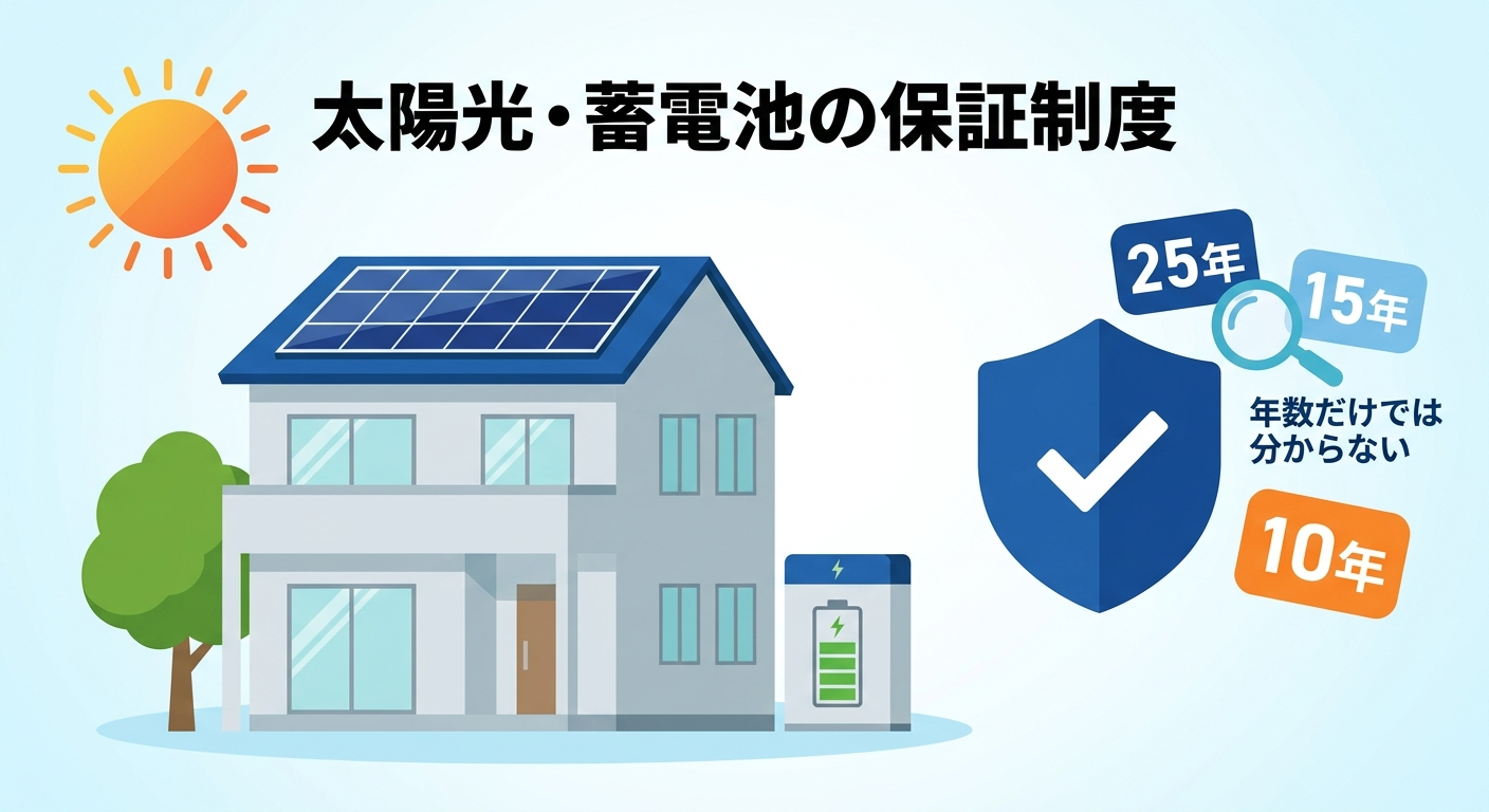 太陽光パネルと蓄電池の保証を年数だけでなく条件と主体で比較することを示すアイキャッチ画像