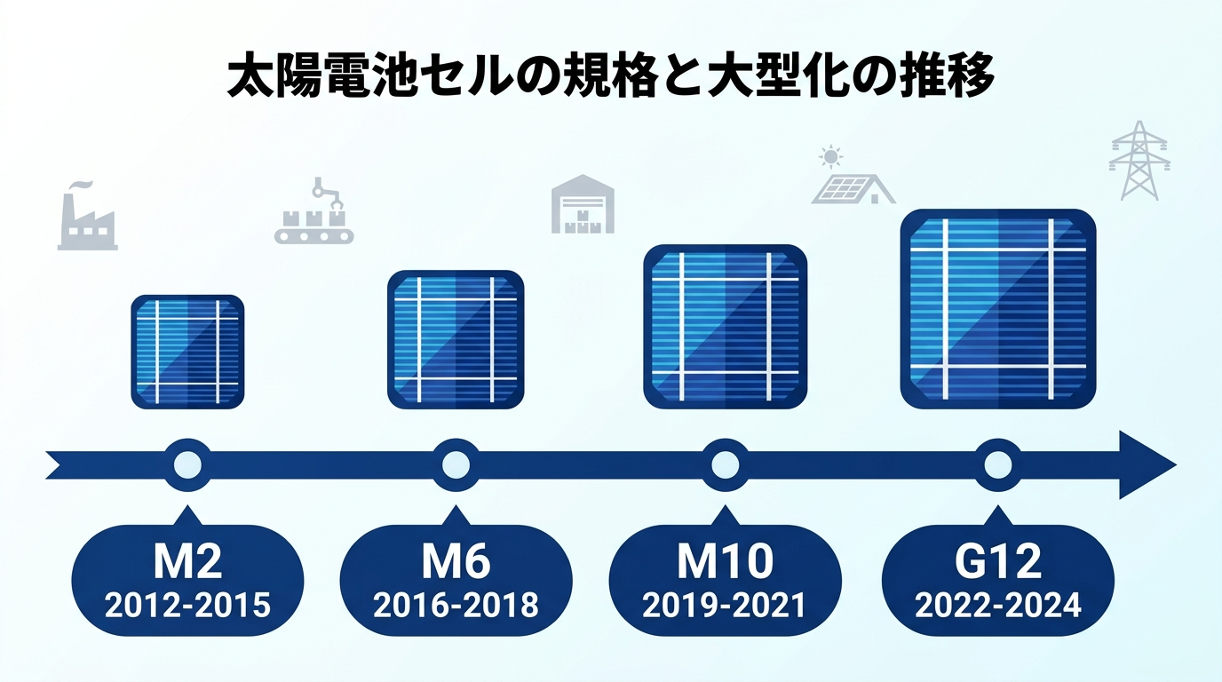 太陽電池セル規格M2・M6・M10・G12の寸法変化と普及期を示すタイムライン図