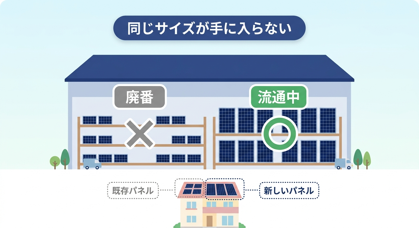 旧規格の太陽光パネルの廃番・流通縮小と、増設時に同じサイズが手に入らない問題を示した図