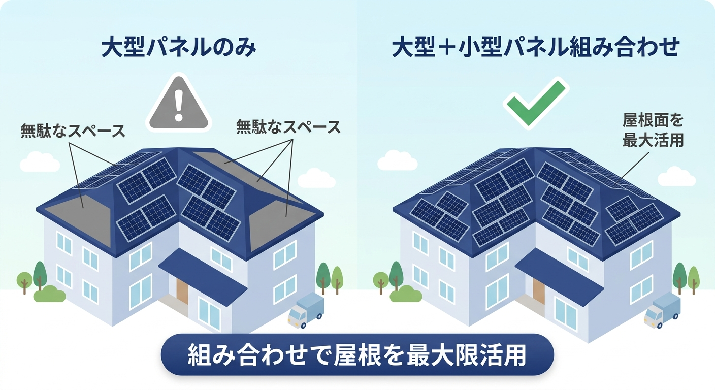 大型パネルと小型パネルを複雑な形状の屋根に設置した場合の適合イメージ比較図