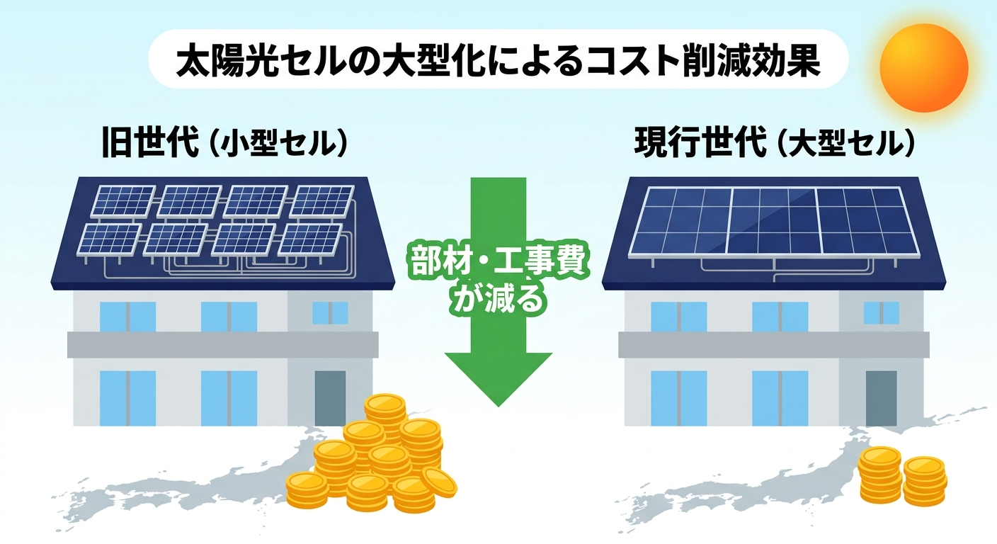 太陽光パネルのセル大型化が枚数・部材・工事時間の削減につながる仕組みを示した図