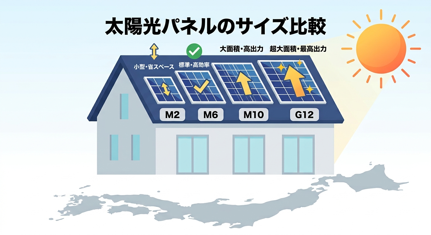 太陽光パネルのセル規格M2からG12への変遷と「同じサイズが手に入らない」問題を解説する記事のアイキャッチ画像