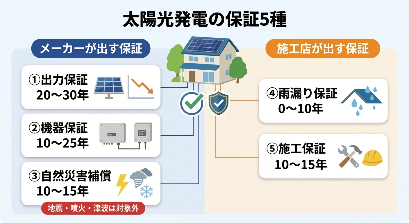 太陽光発電の保証5種類をメーカーが出すものと施工店が出すものに分けて整理した図
