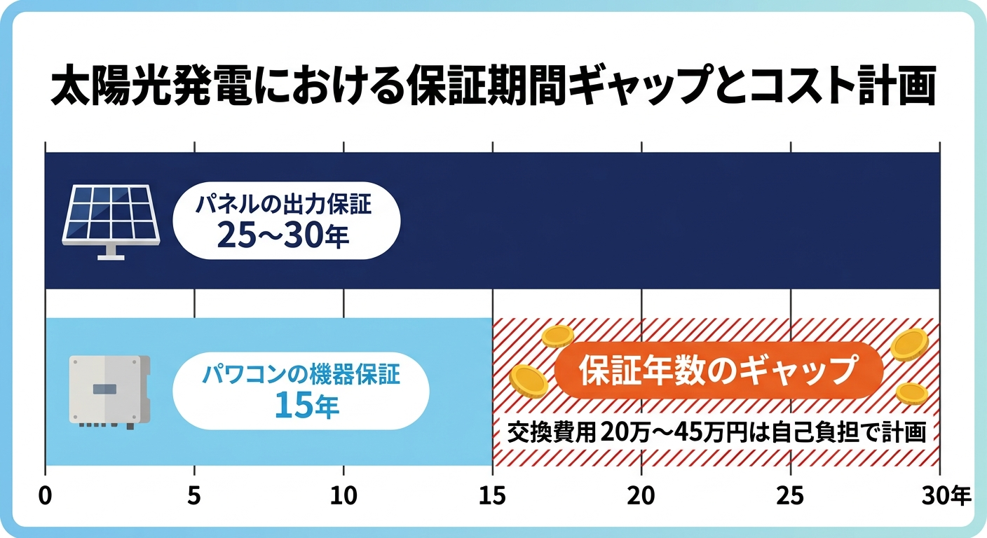 太陽光パネルの出力保証30年とパワコンの機器保証15年の差を示し、16年目以降の交換費用が自己負担になることを示したタイムライン図